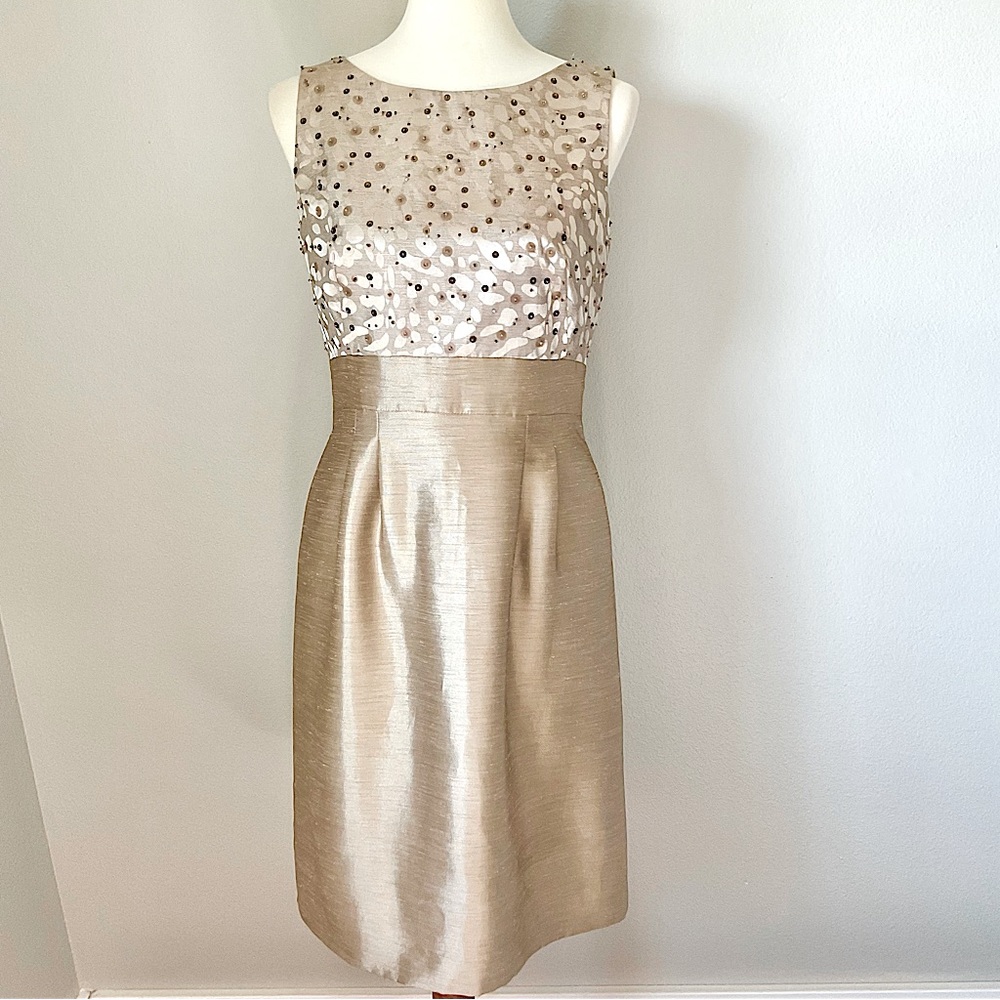 Tahari Gold Metallic Sequin Beaded Dress
